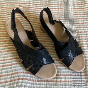 Clarks Black and Tan Wedge Sandals
